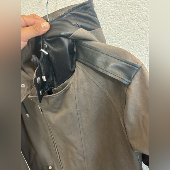 The Kooples Brown Gray Cotton Twill Leather Trim Mens Fishtail Parka Jacket - Picture 8 of 16